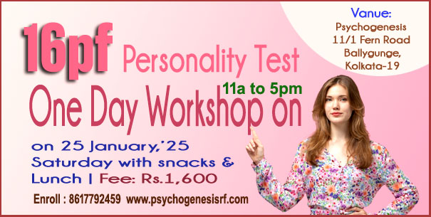 Poster for a one-day workshop on the 16 Personality Factor (16 PF) Psychometric Assessment. The poster includes the workshop title, date, and venue, with a brief description of the topics covered, including personality assessment and practical applications.